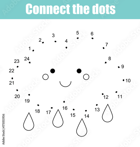 Connect the dots by numbers children educational game. Printable worksheet activity. Weather theme, cloud