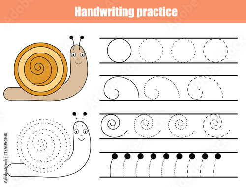 Handwriting practice sheet. Educational children game, printable worksheet for kids. Writing training printable worksheet. Spiral shapes