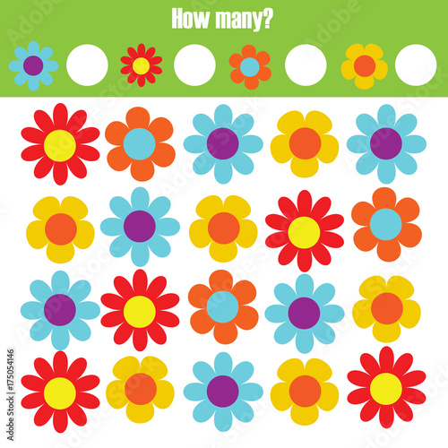 Counting educational children game, math kids activity. How many objects task