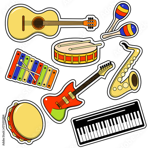 Musical Instruments and Equipment Sticker Set. Vector