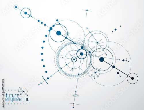 Mechanical scheme, vector engineering drawing with circles and geometric parts of mechanism. Technical plan can be used in web design and as wallpaper or background.