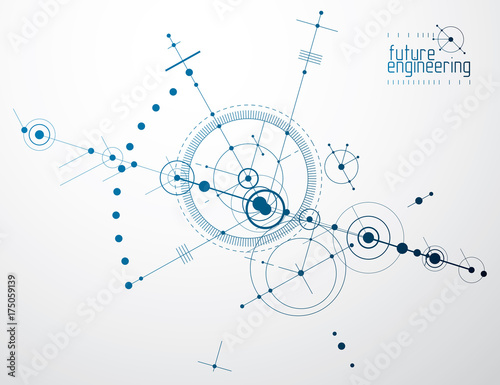 Mechanical scheme, vector engineering drawing with circles and geometric parts of mechanism. Technical plan can be used in web design and as wallpaper or background.