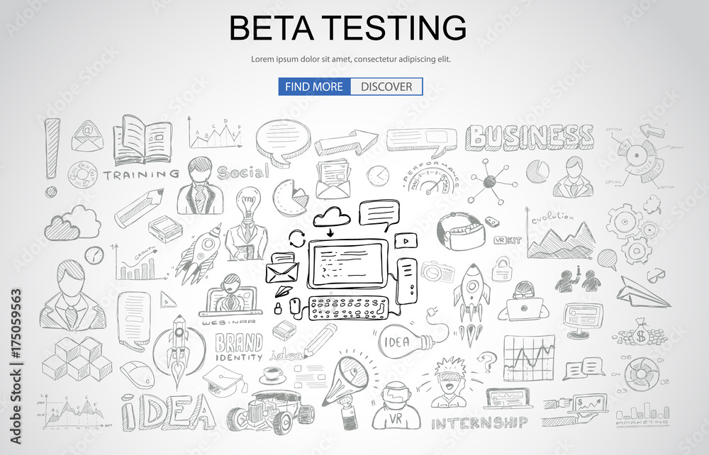 Beta Testing concept with Business Doodle design style: online audience, tester groups,test phases. Beta Testing concept with Business Doodle design style: online audience, tester groups,test phases.