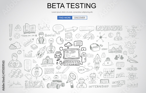 Beta Testing concept with Business Doodle design style: online audience, tester groups,test phases.
