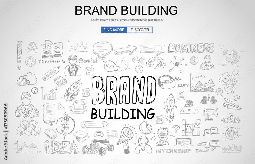 Brand Building concept with Business Doodle design style: company image, advertising tips, best practice
