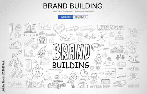Brand Building concept with Business Doodle design style: company image, advertising tips, best practice