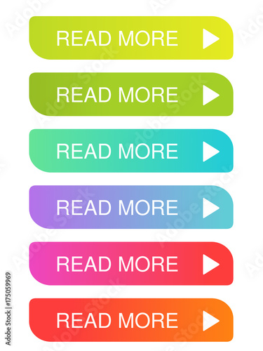 Vector read more buttons with arrow - colorful labels on the white background. Usable for a link, continue, read more or next.