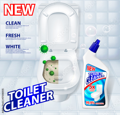 Toilet antibacterial, detergent cleaner ad poster including green microbes and soap bubbles. Realistic Toilet Cleaner gel Plastic package. 3d vector illustration