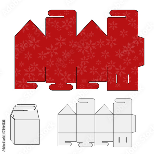 Vector template for paper wrapper, cover, shopping bag with a red christmas design. Paperbag, handbag  with snowfalkes background.