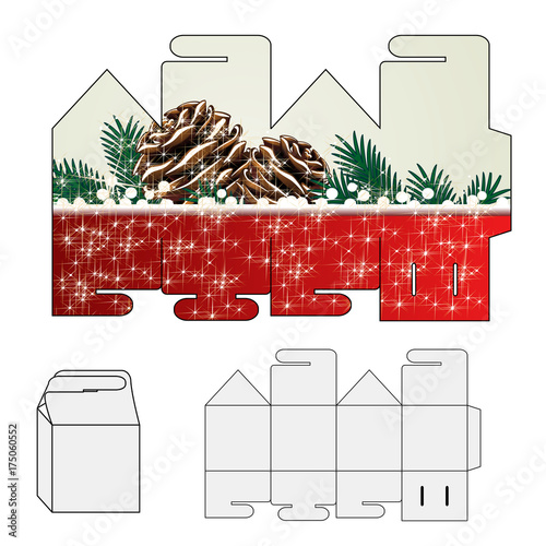 Vector template for paper wrapper, cover, shopping bag with a red christmas design. Paperbag, handbag  with cones, twigs, snowflakes and golden stars.