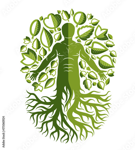 Vector illustration of human, athlete created as continuation of tree with strong roots and surrounded by eco green leaves. Environmental conservation theme, green innovation metaphor.