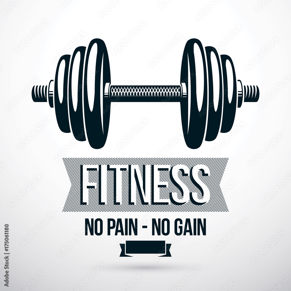 Weightlifting club vector conceptual emblem composed using dumbbell with weight discs. Weightlifting club vector conceptual emblem composed using dumbbell with weight discs.