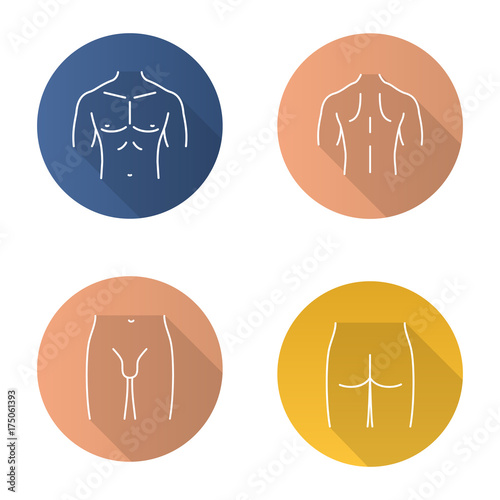 Male body parts flat linear long shadow icons set