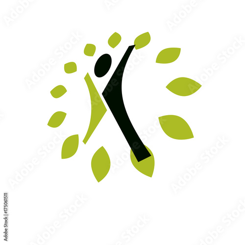 Vector illustration of joyful abstract individual with raised hands up. Go green idea creative logo. Vegetarian theme logotype. Wanderlust and countryside vacation icon.