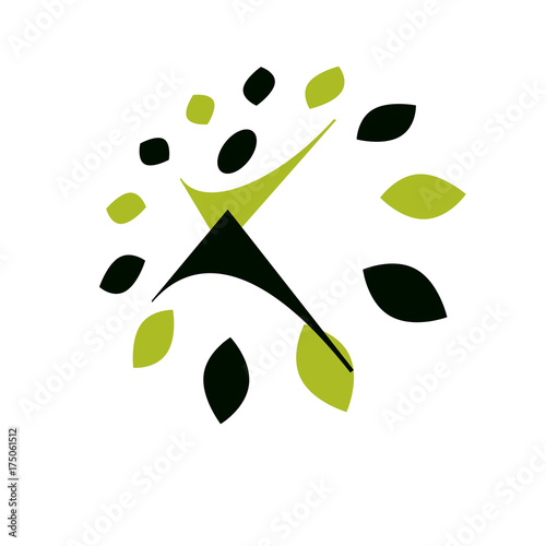 Vector illustration of joyful abstract individual with raised hands up. Go green idea creative logo. Healthy lifestyle metaphor. Vegetarian theme icon.
