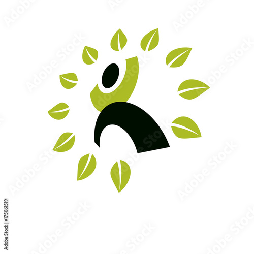 Vector illustration of excited abstract  man with raised reaching up. Go green idea creative logo. Ecotourism conceptual icon. Downshifting symbol.