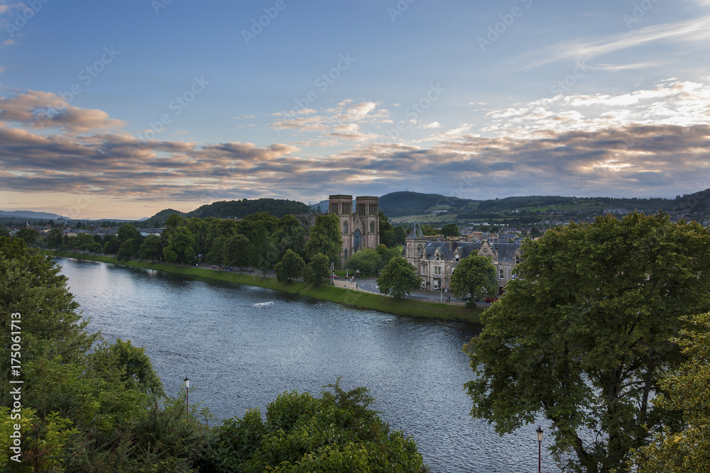 Inverness, Scotland - August 14, 2010: View of the city of Inverness from the banks of the Ness River in Scotland, United Kingdom