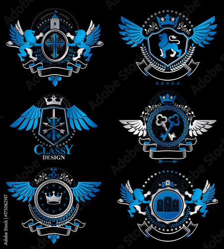 Heraldic Coat of Arms created with vintage vector elements, bird wings, animals, towers, crowns and stars. Classy symbolic emblems collection, vector set.