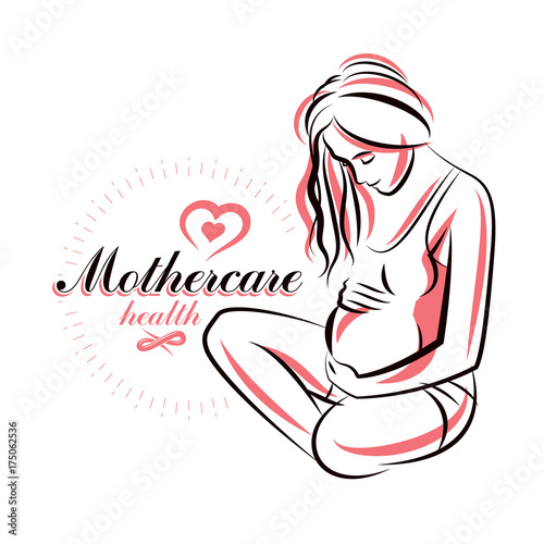 Vector hand-drawn illustration of pregnant elegant woman expecting baby, sketch. Pregnancy assistance center promotion mock up