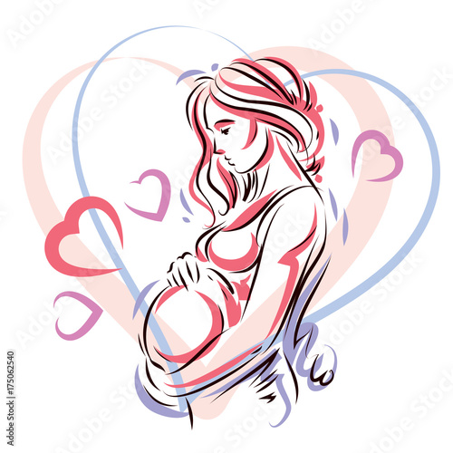 Beautiful pregnant female body silhouette surrounded by heart shape frame.  Mother-to-be drawn vector illustration. Happiness and caring theme.