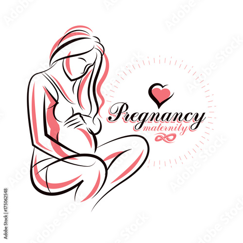 Elegant pregnant woman body silhouette drawing. Vector illustration of mother-to-be fondles her belly. Medical rehabilitation and childcare center marketing card