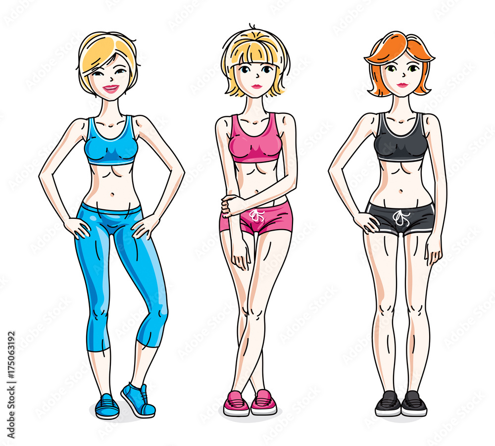 Attractive young women standing wearing stylish sport clothes. Vector people illustrations set. Lifestyle theme fem characters. Attractive young women standing wearing stylish sport clothes. Vector people illustrations set. Lifestyle theme fem characters.