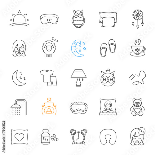 Sleeping accessories linear icons set