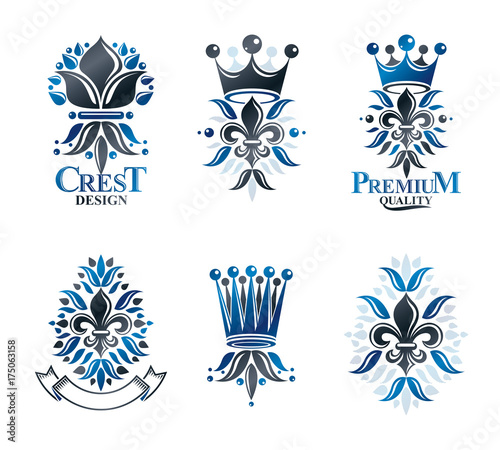 Royal symbols Lily Flowers, floral and crowns, emblems set. Heraldic vector design elements collection. Retro style label, heraldry logo.