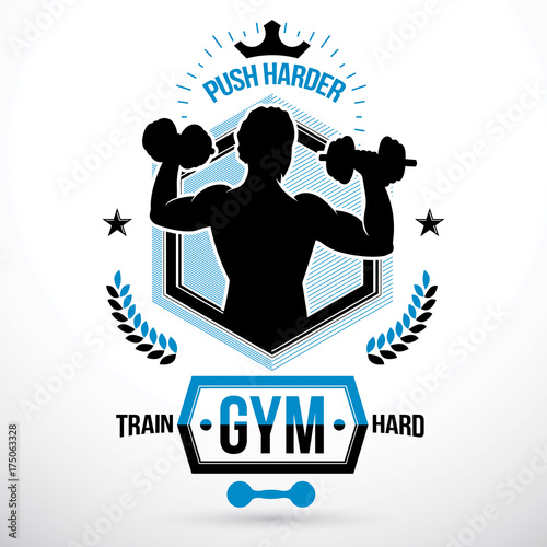 Vector symbol composed using muscular athlete holding dumbbells sport equipment. Strong man championship emblem
