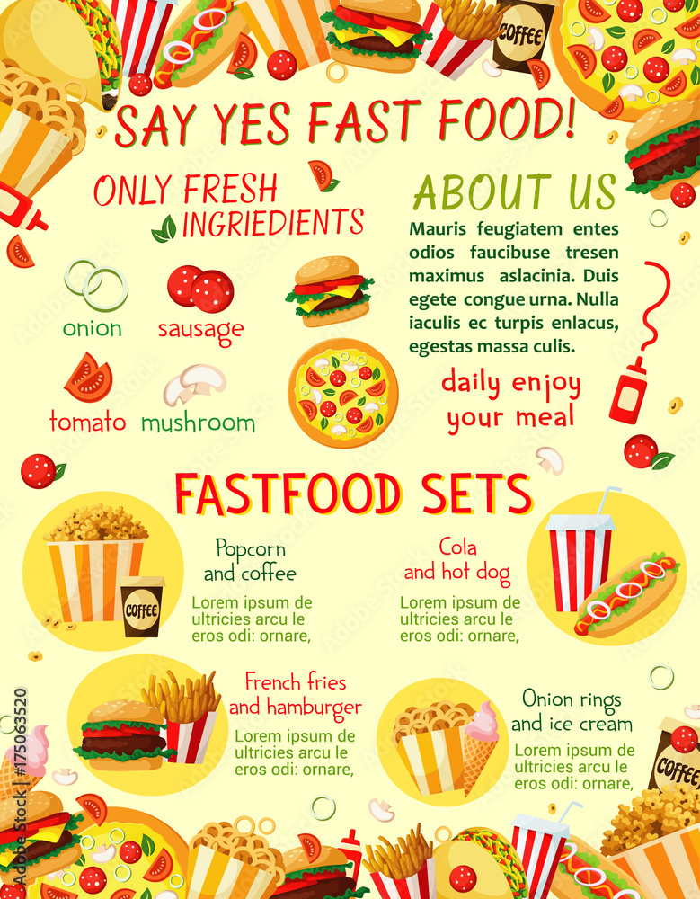 Fast food restaurant snacks vector menu template Fast food restaurant snacks vector menu template