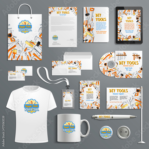 Corporate identity vector items with work tools