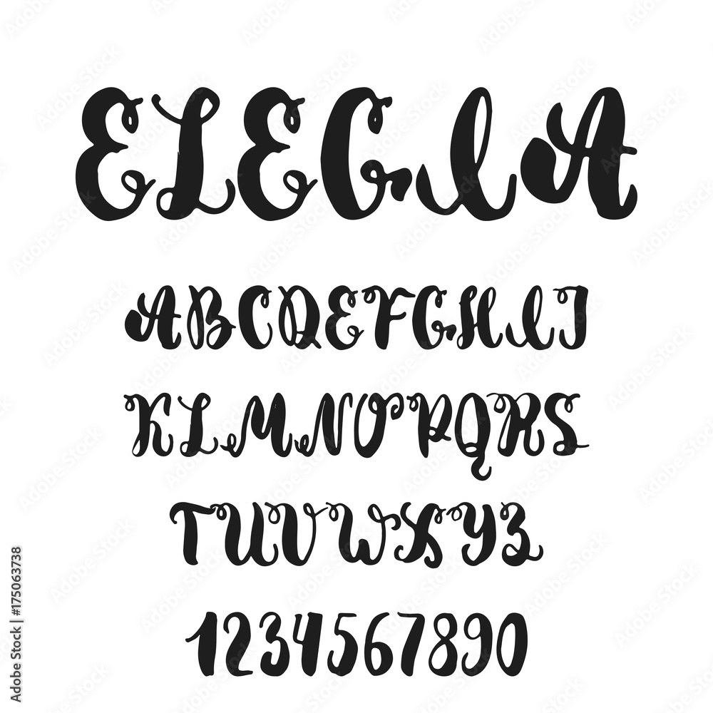 Hand drawn english lettering alphabet Elegia with examples of this font.  Modern ink brush handwritten letters isolated on the white background.  Stock Vector | Adobe Stock
