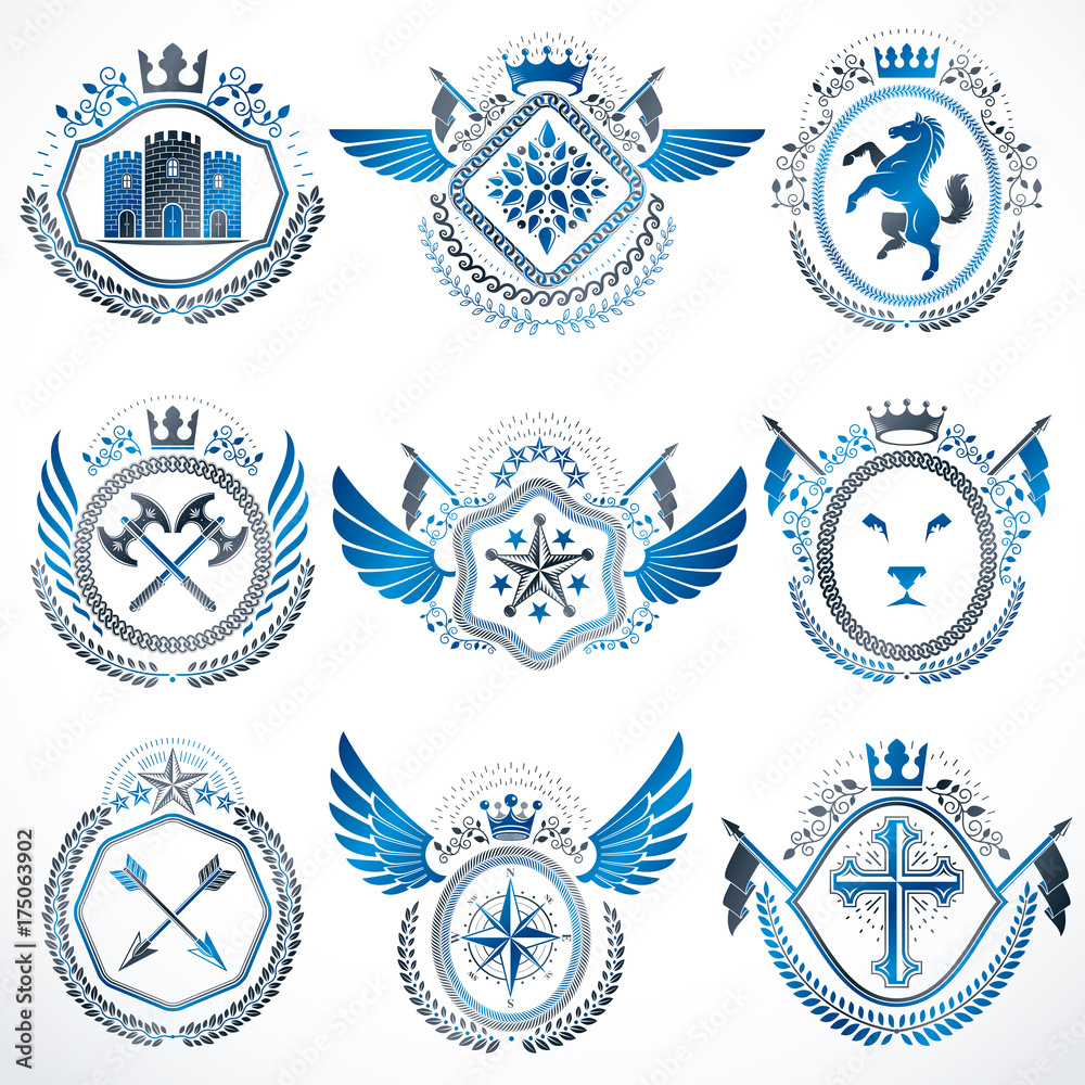 Heraldic emblems with wings isolated on white backdrop. Collection of vector symbols in vintage style created using heraldry elements like crowns, towers, crosses and armory.