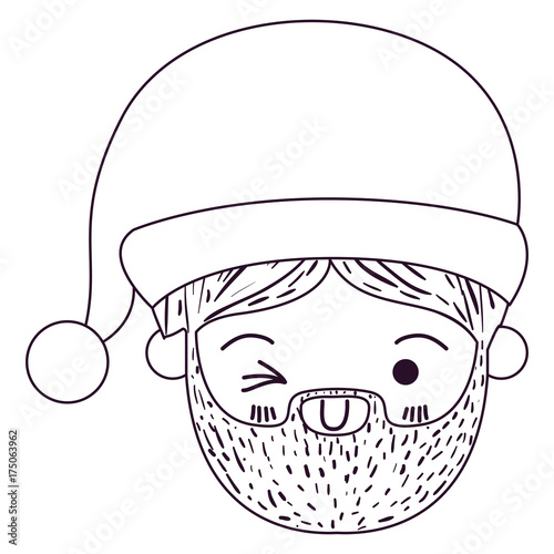 santa claus kawaii face wink eye and smiling expression with christmas hat silhouette on white background