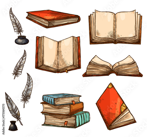Vector icons of old books and manuscripts sketch