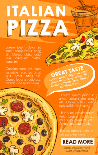 Vector poster of Iltalian pizza sketch fast food photo