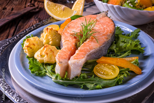 salmon with butter fried potato puree and salad