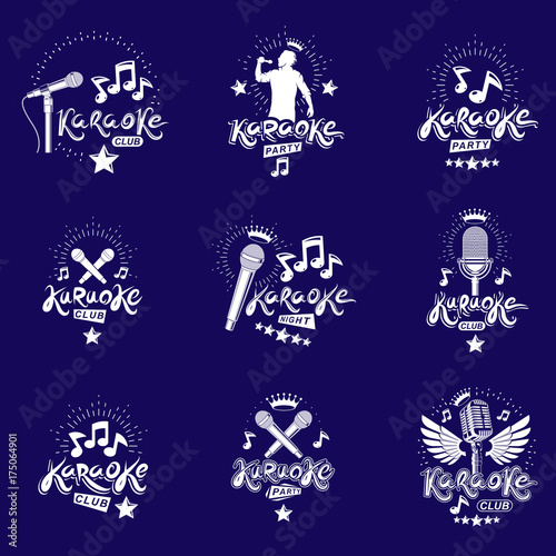 Collection of vector design elements which can be best used for karaoke theme emblems and posters composition. Leisure and relaxation lifestyle presentation, carnival concept.