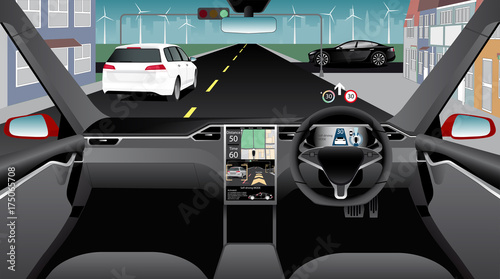 Self driving car without driver on a city street. Indoor view. Vector illustration.