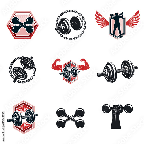 Vector power lifting theme illustrations collection made using dumbbells and disc weights sport equipment. Bodybuilder body silhouette.