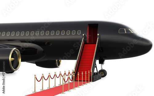 Ladder private jet and red carpet, 3d rendering isolated on white background.