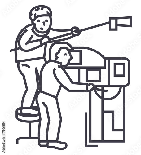 television,tv broadcast,film crew,video vector line icon, sign, illustration on white background, editable strokes