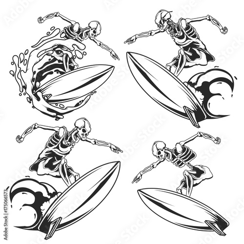 Canvas Print Isolated illustration of skeleton on surfing board. Raster copy.