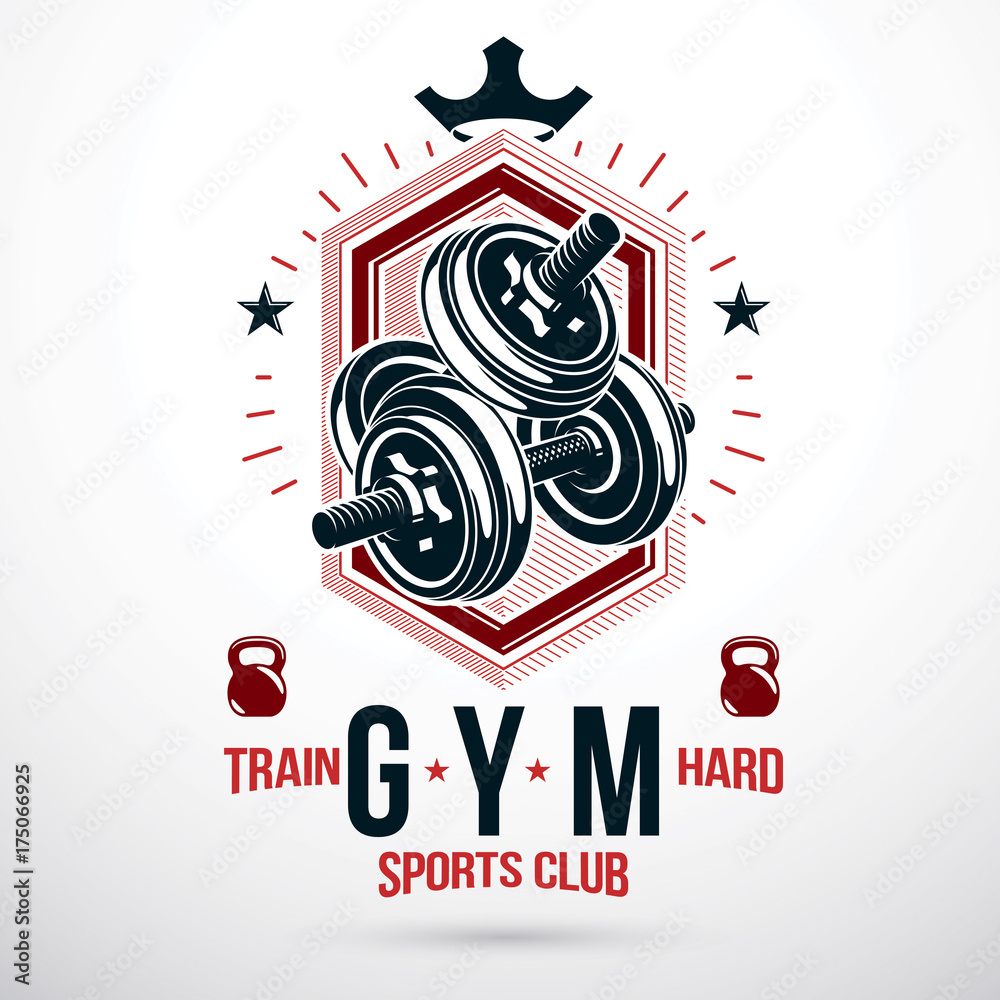 Obraz premium Vector sport equipment, dumbbell with disc weight and kettle bell. Sport team vector graphic emblem.