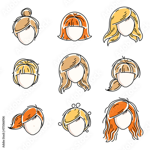 Collection of women faces, human heads. Diverse vector characters like red-haired and blonde females, beautiful ladies visage clipart and user profile.