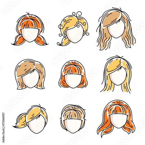 Collection of women faces, human heads. Diverse vector characters like red-haired and blonde females, beautiful ladies visage clipart and user profile.