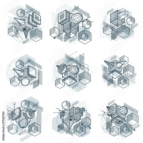 Abstract backgrounds with isometric lines, vector illustrations. Templates made with cubes, hexagons, squares, rectangles and different abstract elements. Vector set.