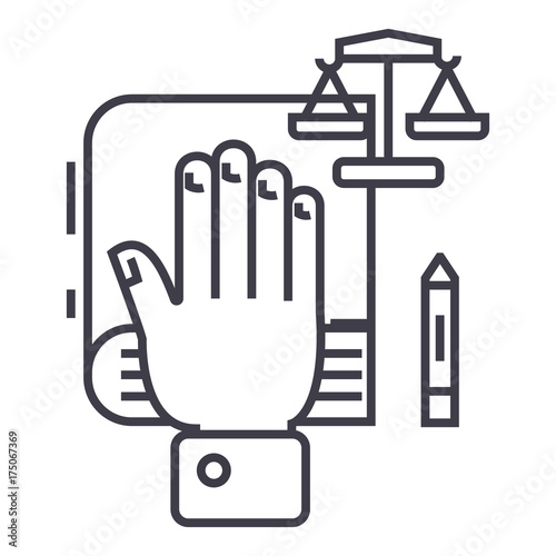 truth concept,hand on book, bibile,small scales vector line icon, sign, illustration on white background, editable strokes photo