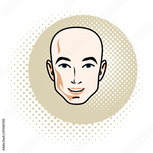 Vector illustration of handsome male face, positive face features of hairless man, clipart.