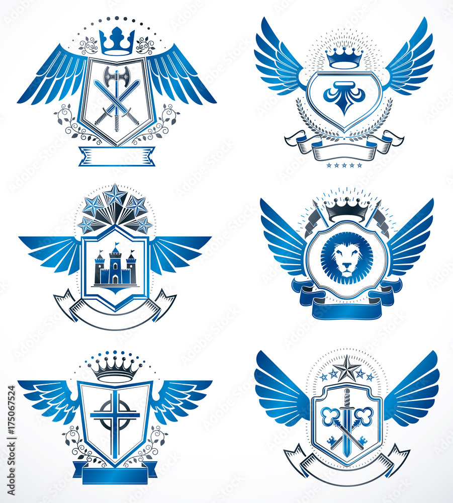 Set of luxury heraldic vector templates. Collection of vector symbolic blazons made using graphic elements, royal crowns, medieval castles, armory and religious crosses. Set of luxury heraldic vector templates. Collection of vector symbolic blazons made using graphic elements, royal crowns, medieval castles, armory and religious crosses.